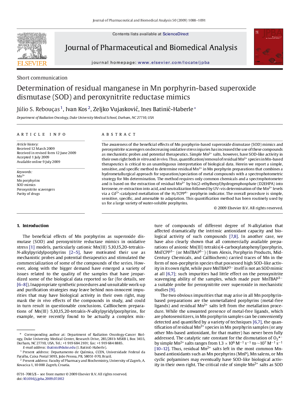 Determination of residual manganese in Mn porphyrin-based superoxide dismutase (SOD) and peroxynitrite reductase mimics