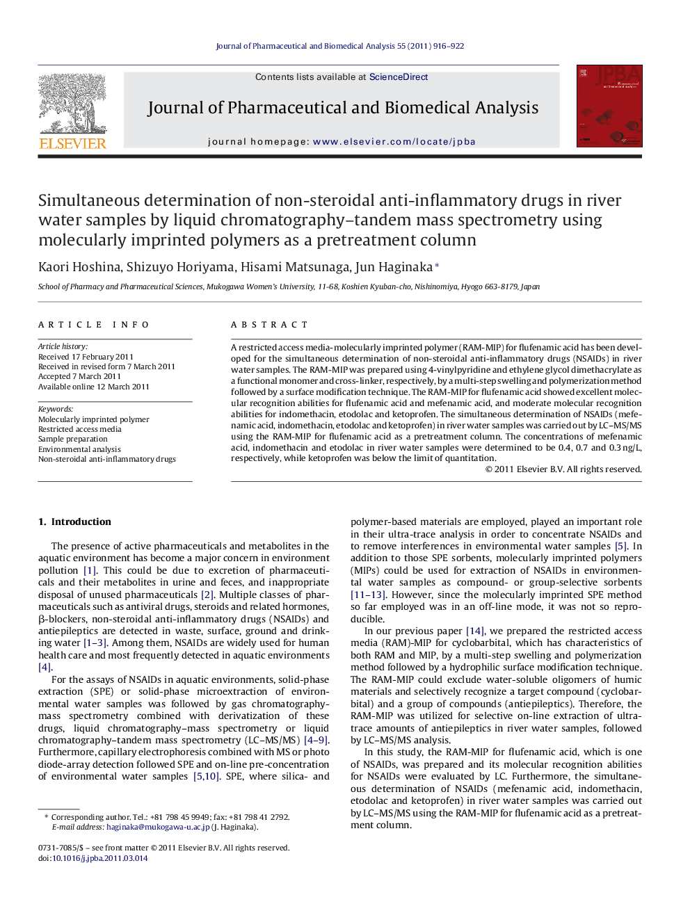 Simultaneous determination of non-steroidal anti-inflammatory drugs in river water samples by liquid chromatography–tandem mass spectrometry using molecularly imprinted polymers as a pretreatment column