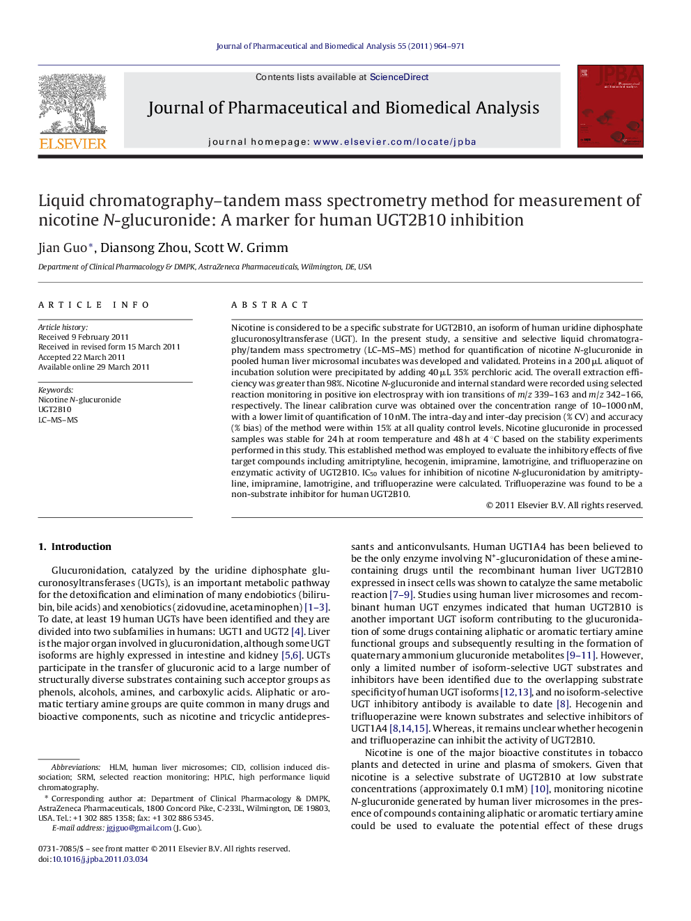 Liquid chromatography–tandem mass spectrometry method for measurement of nicotine N-glucuronide: A marker for human UGT2B10 inhibition