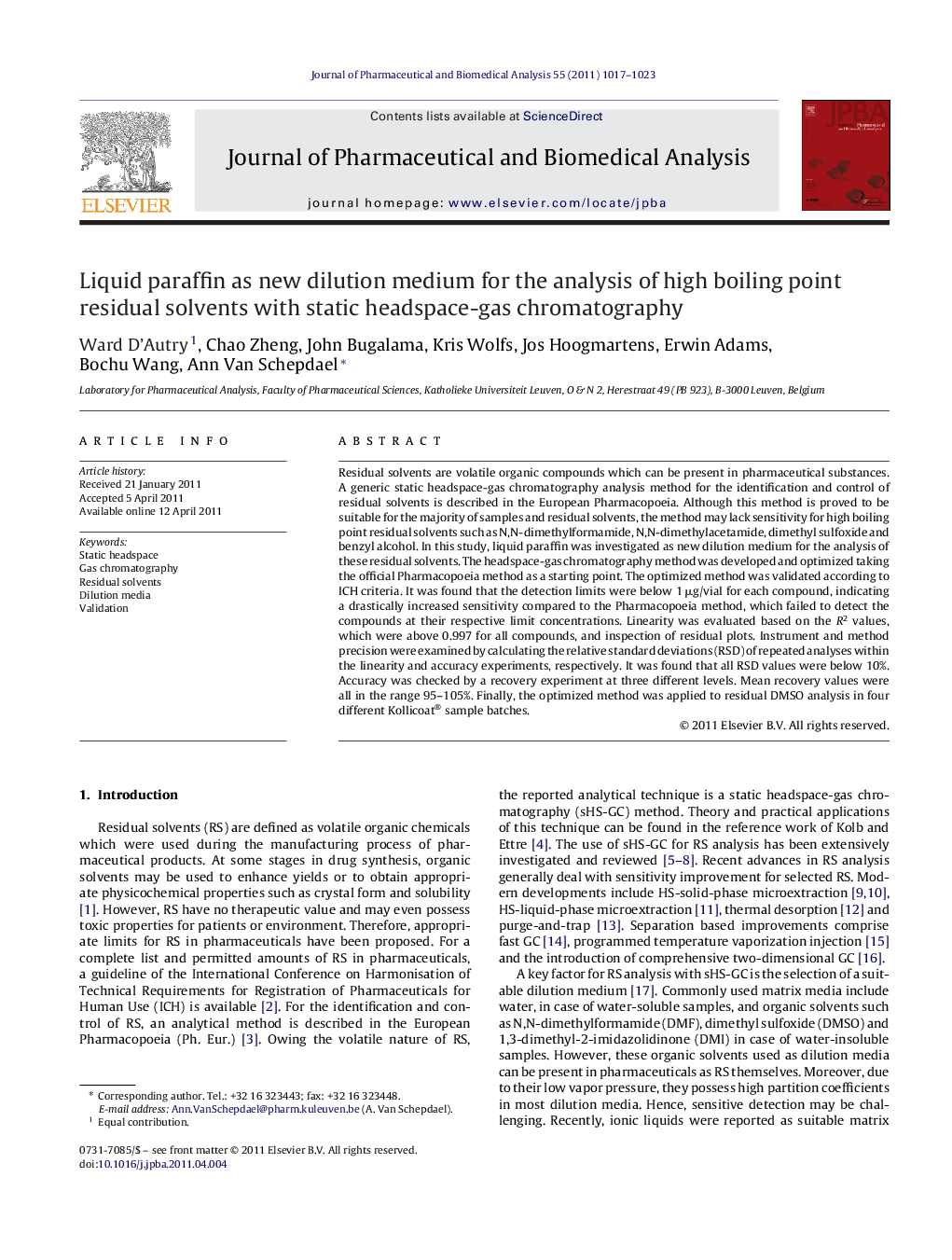 Liquid paraffin as new dilution medium for the analysis of high boiling point residual solvents with static headspace-gas chromatography