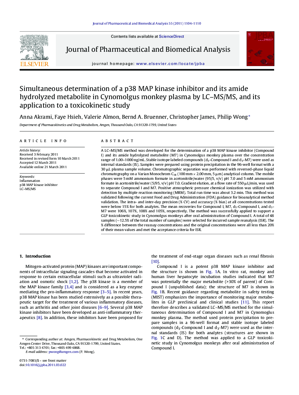 Simultaneous determination of a p38 MAP kinase inhibitor and its amide hydrolyzed metabolite in Cynomolgus monkey plasma by LC–MS/MS, and its application to a toxicokinetic study