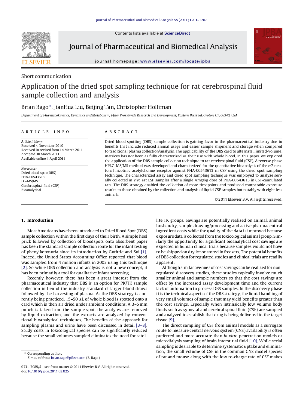 Application of the dried spot sampling technique for rat cerebrospinal fluid sample collection and analysis