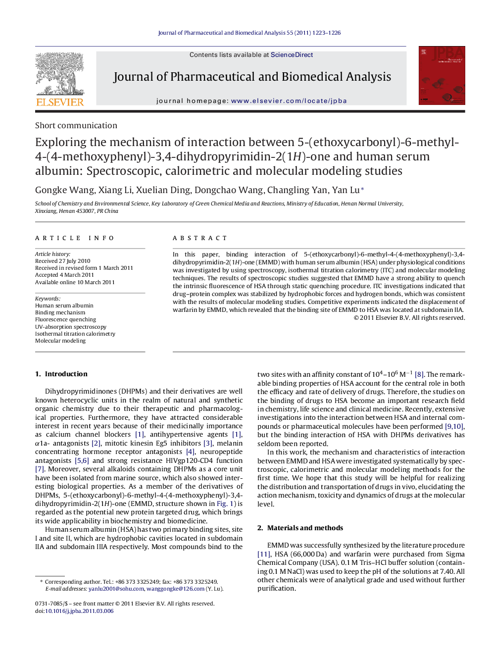 Exploring the mechanism of interaction between 5-(ethoxycarbonyl)-6-methyl-4-(4-methoxyphenyl)-3,4-dihydropyrimidin-2(1H)-one and human serum albumin: Spectroscopic, calorimetric and molecular modeling studies