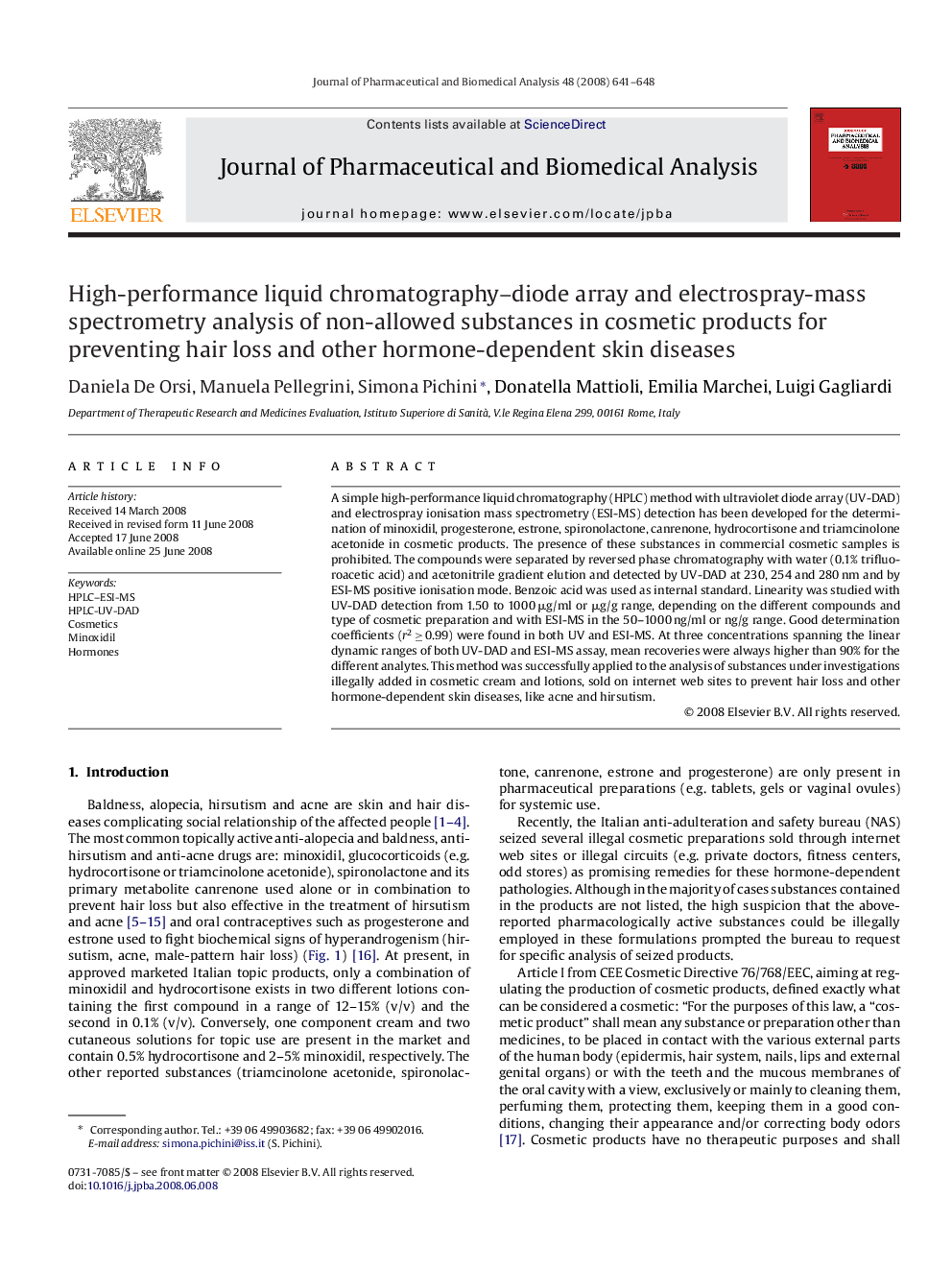 High-performance liquid chromatography–diode array and electrospray-mass spectrometry analysis of non-allowed substances in cosmetic products for preventing hair loss and other hormone-dependent skin diseases