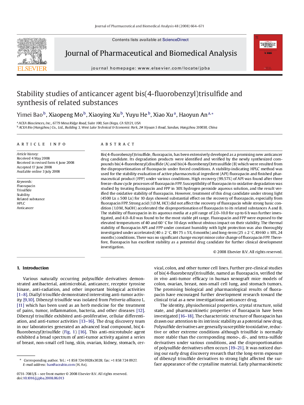 Stability studies of anticancer agent bis(4-fluorobenzyl)trisulfide and synthesis of related substances