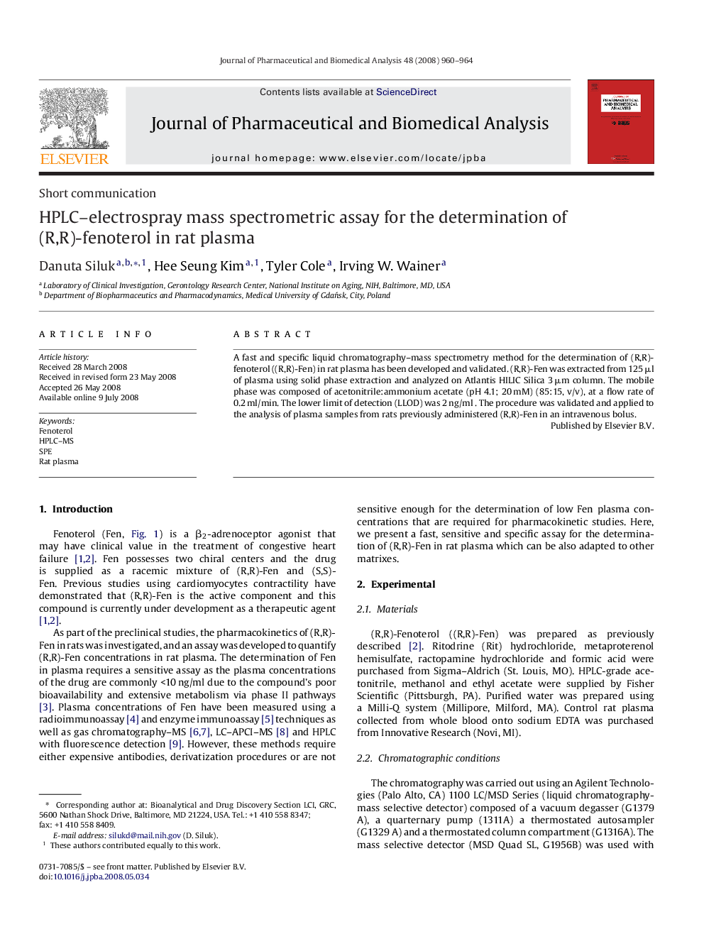 HPLC–electrospray mass spectrometric assay for the determination of (R,R)-fenoterol in rat plasma