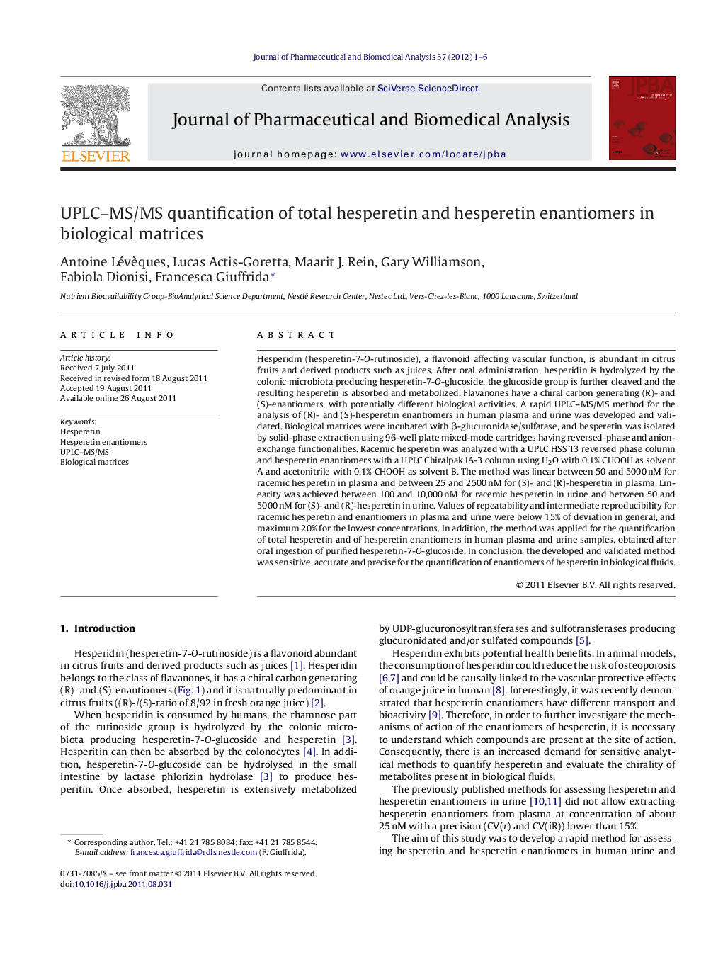 UPLC–MS/MS quantification of total hesperetin and hesperetin enantiomers in biological matrices