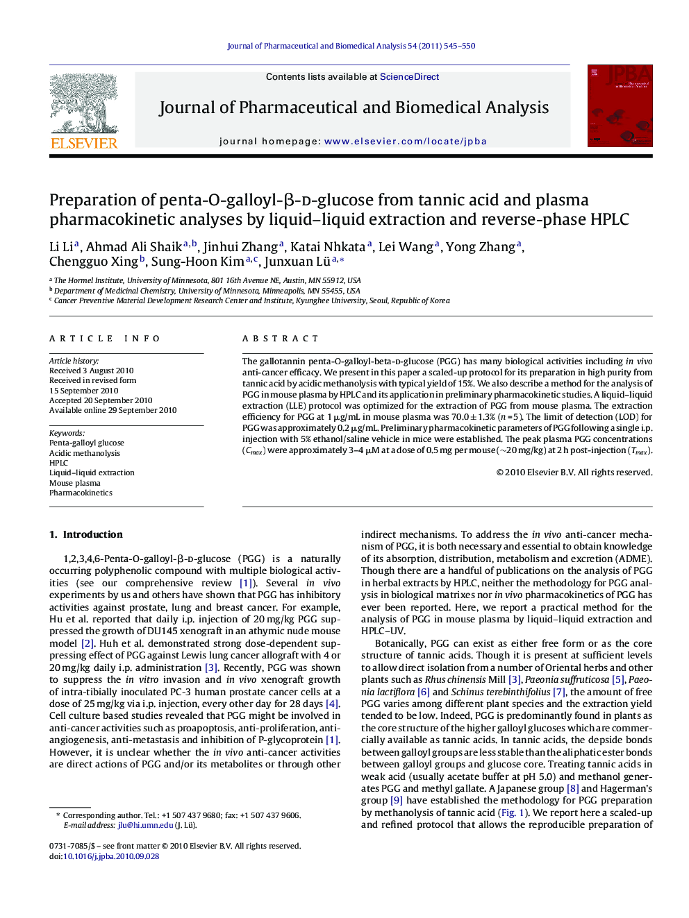 Preparation of penta-O-galloyl-β-d-glucose from tannic acid and plasma pharmacokinetic analyses by liquid–liquid extraction and reverse-phase HPLC