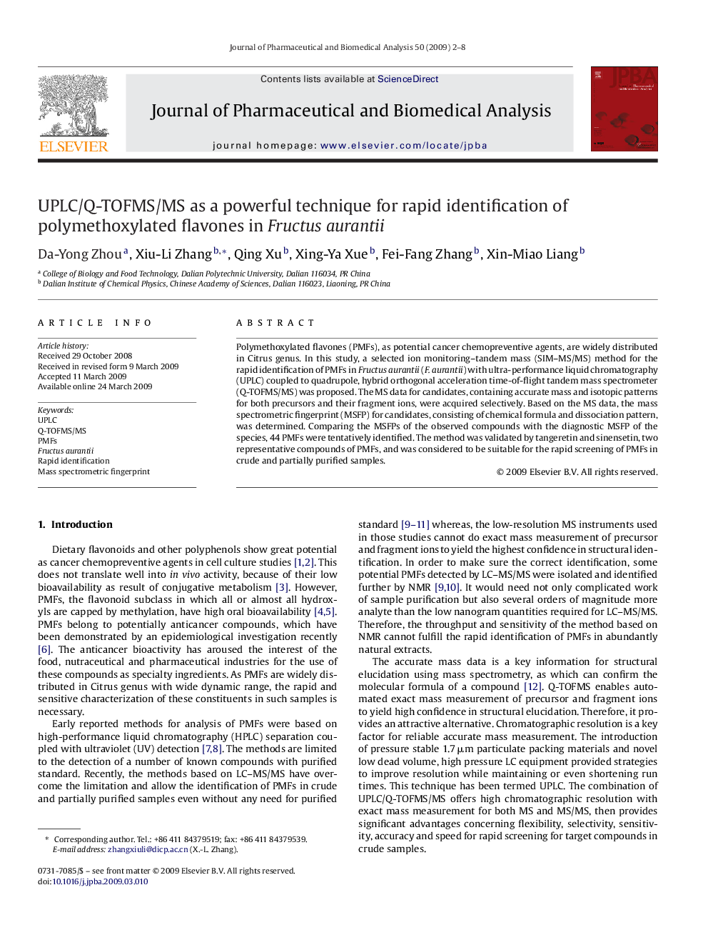 UPLC/Q-TOFMS/MS as a powerful technique for rapid identification of polymethoxylated flavones in Fructus aurantii