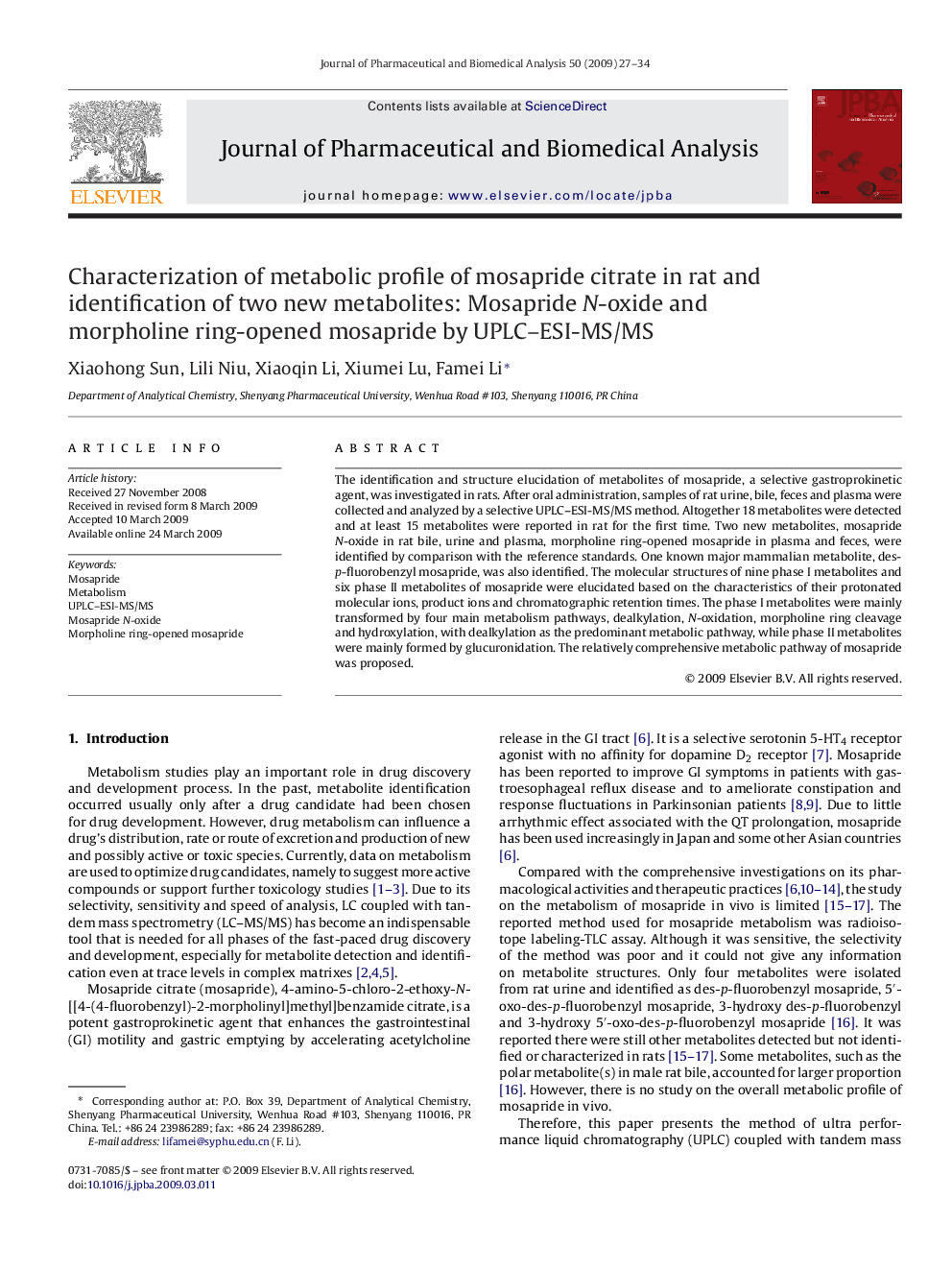 Characterization of metabolic profile of mosapride citrate in rat and identification of two new metabolites: Mosapride N-oxide and morpholine ring-opened mosapride by UPLC–ESI-MS/MS