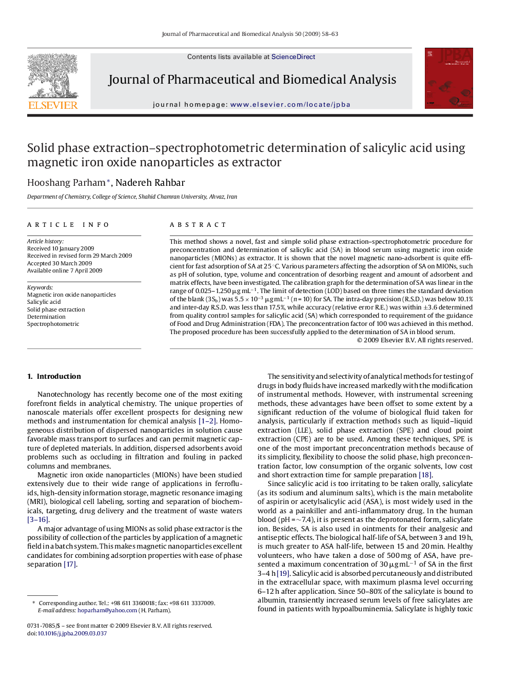 Solid phase extraction–spectrophotometric determination of salicylic acid using magnetic iron oxide nanoparticles as extractor