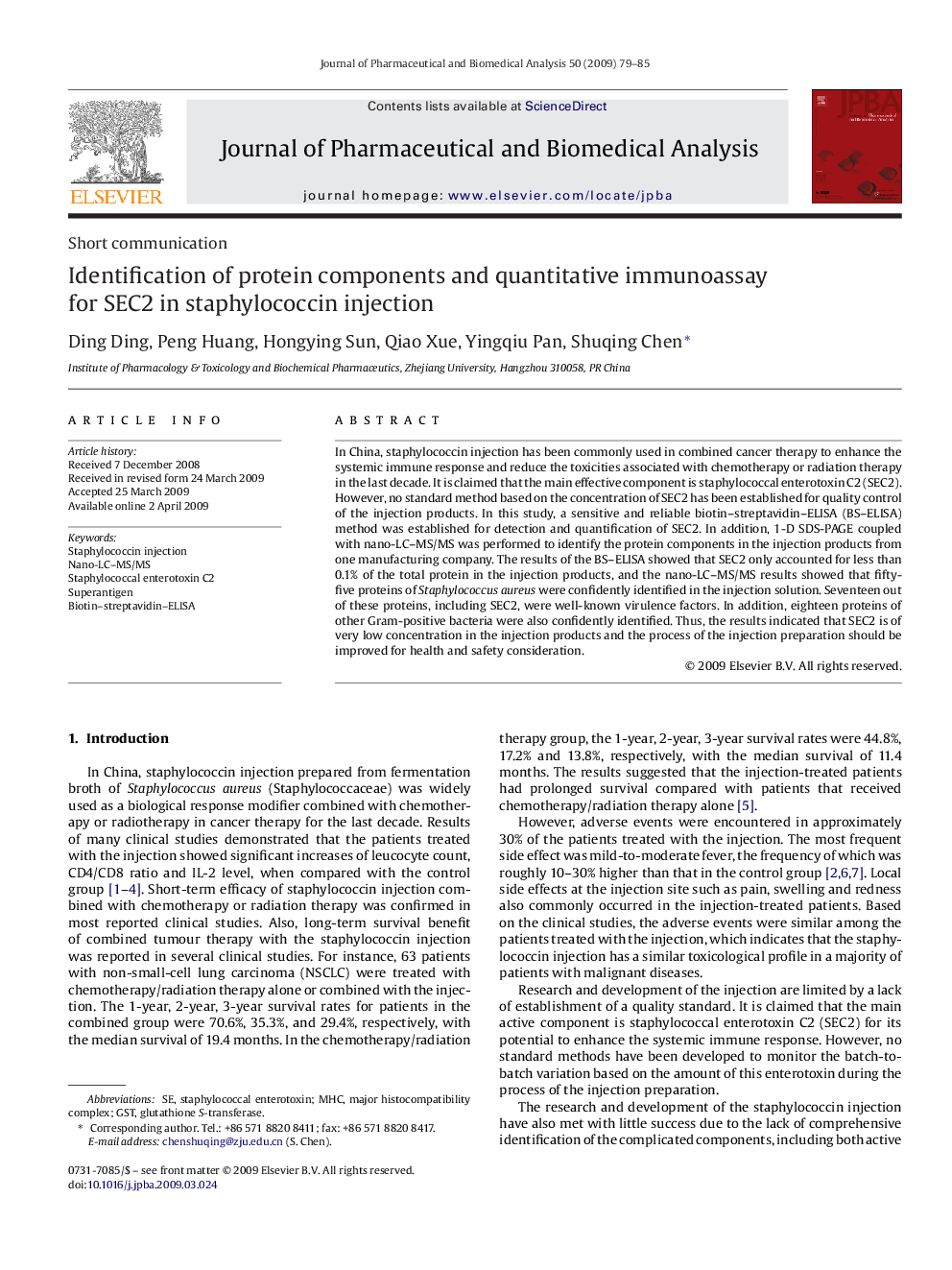 Identification of protein components and quantitative immunoassay for SEC2 in staphylococcin injection