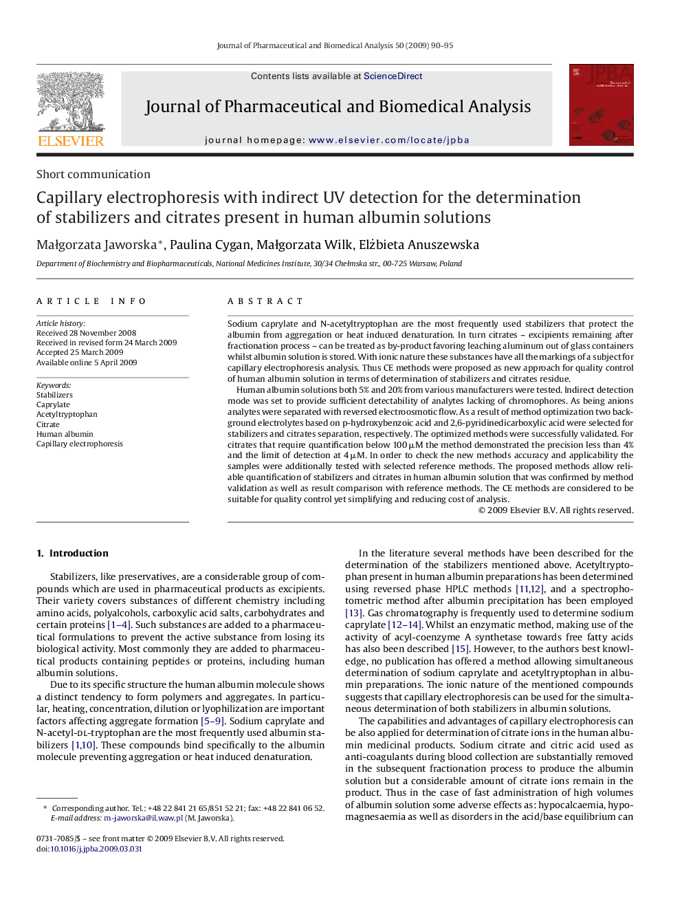 Capillary electrophoresis with indirect UV detection for the determination of stabilizers and citrates present in human albumin solutions