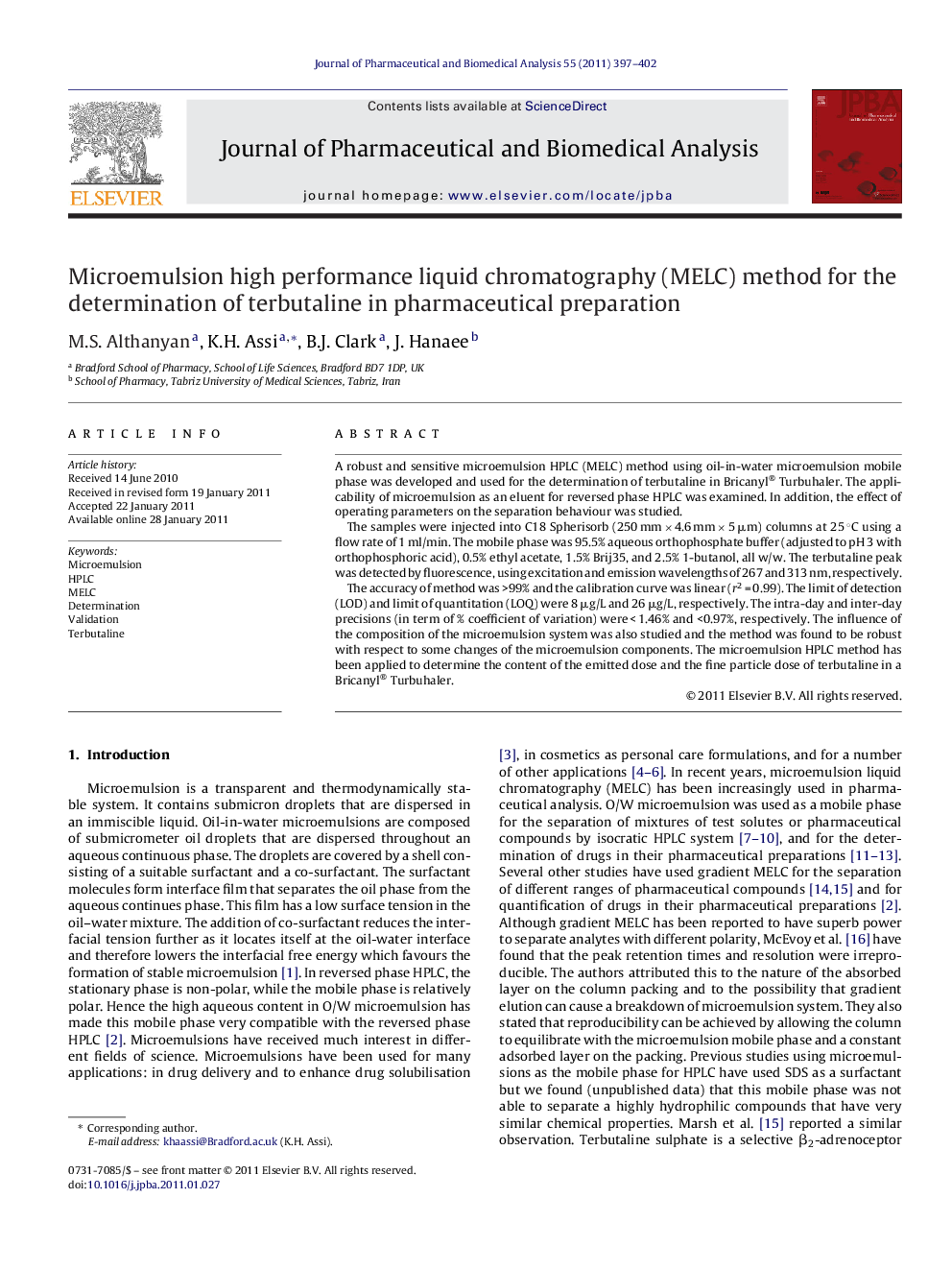 Microemulsion high performance liquid chromatography (MELC) method for the determination of terbutaline in pharmaceutical preparation