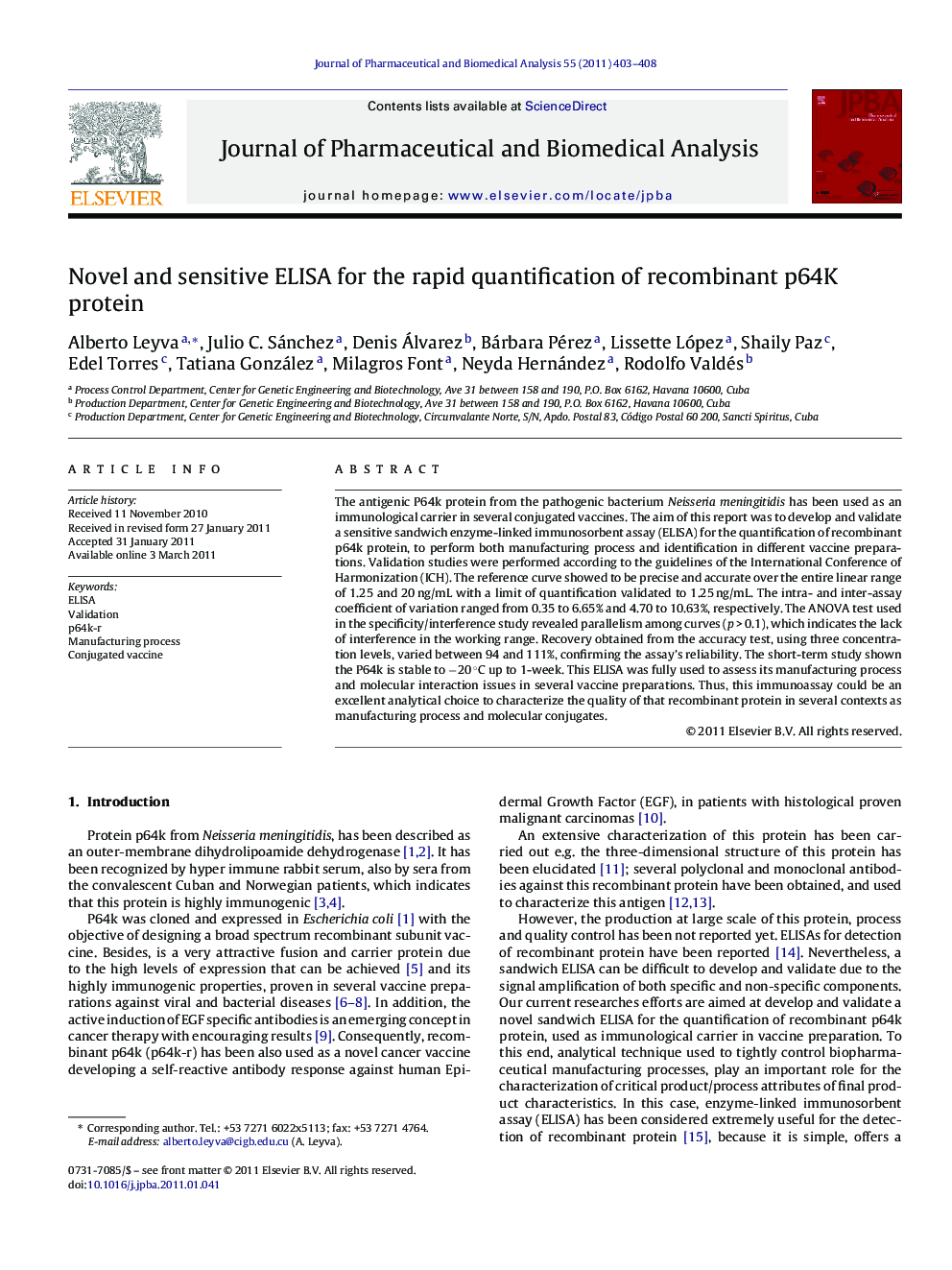 Novel and sensitive ELISA for the rapid quantification of recombinant p64K protein