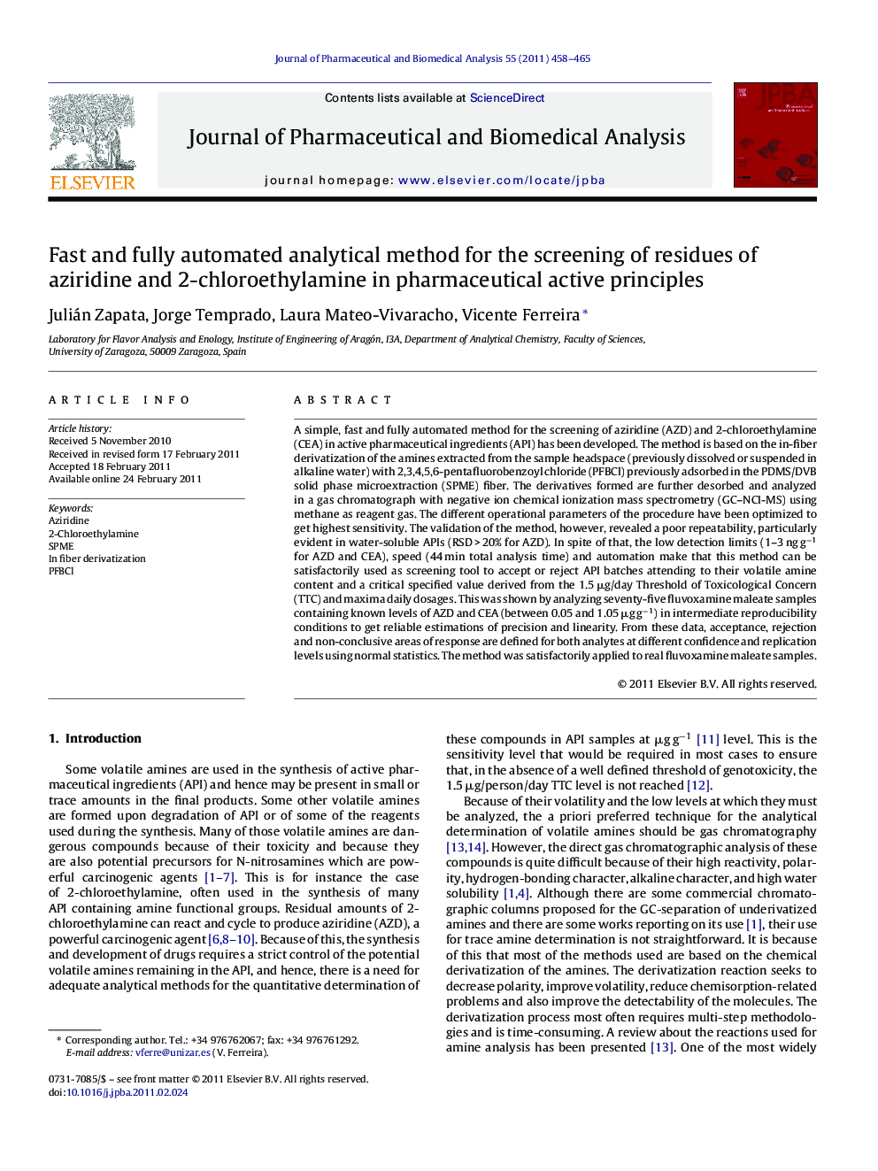 Fast and fully automated analytical method for the screening of residues of aziridine and 2-chloroethylamine in pharmaceutical active principles