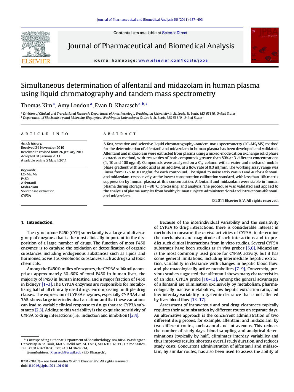 Simultaneous determination of alfentanil and midazolam in human plasma using liquid chromatography and tandem mass spectrometry