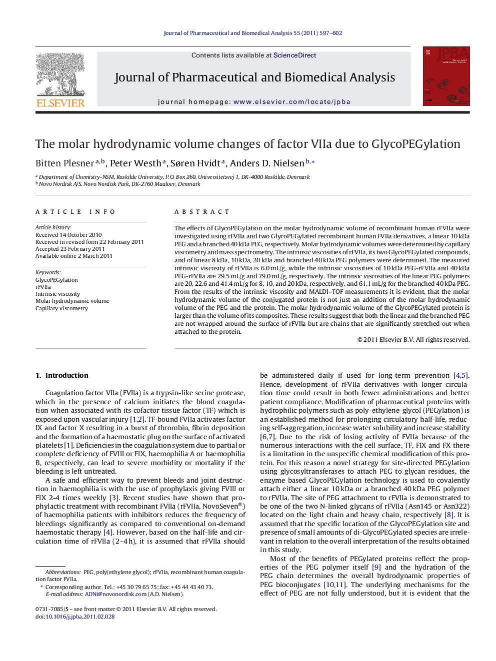 The molar hydrodynamic volume changes of factor VIIa due to GlycoPEGylation