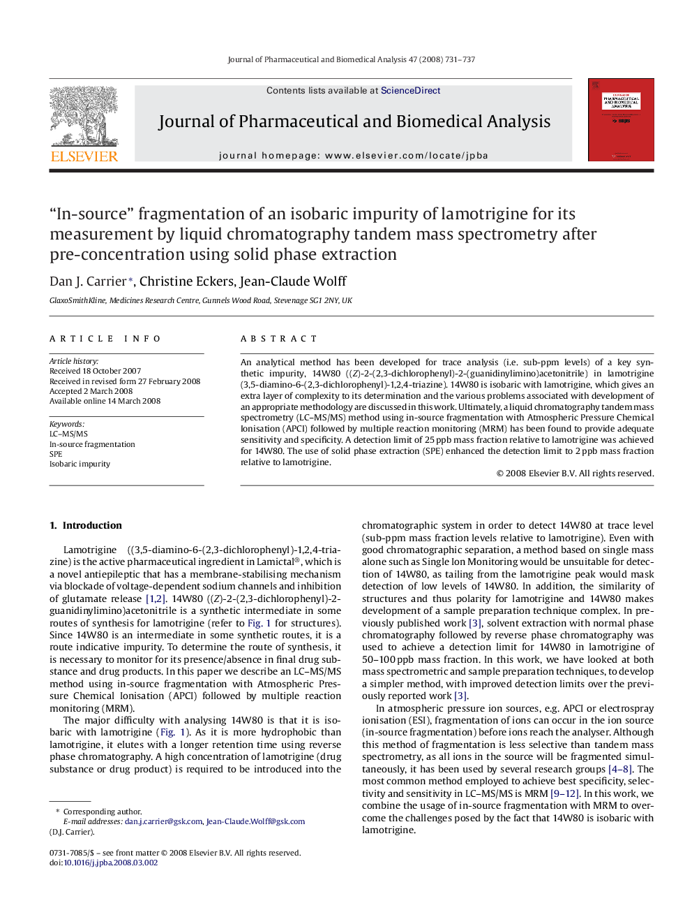 “In-source” fragmentation of an isobaric impurity of lamotrigine for its measurement by liquid chromatography tandem mass spectrometry after pre-concentration using solid phase extraction