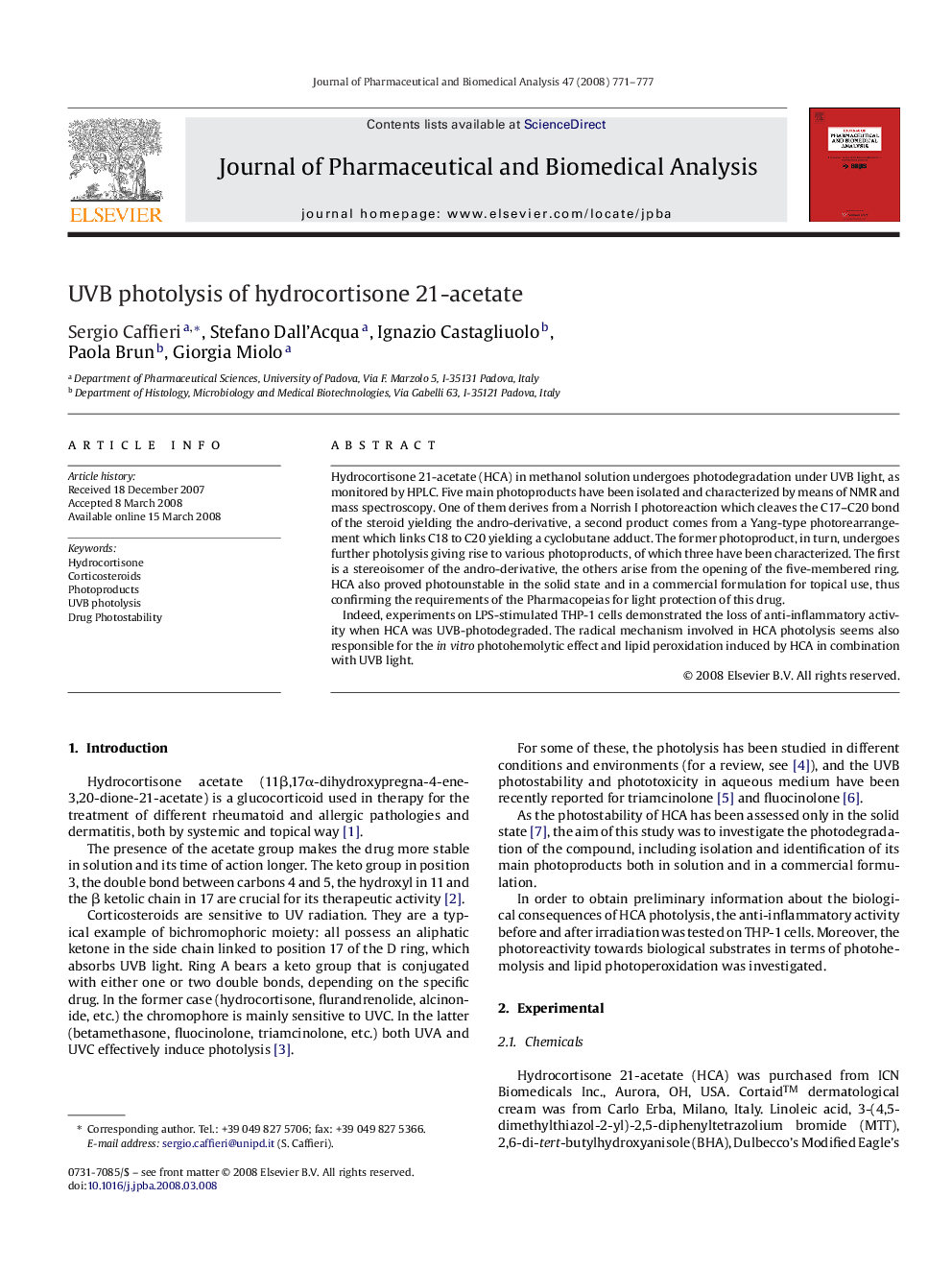 UVB photolysis of hydrocortisone 21-acetate