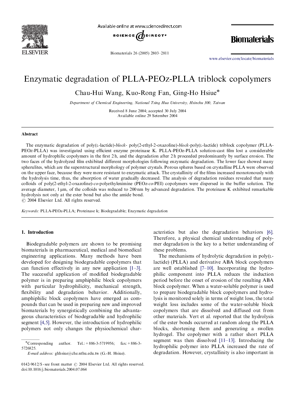 Enzymatic degradation of PLLA-PEOz-PLLA triblock copolymers