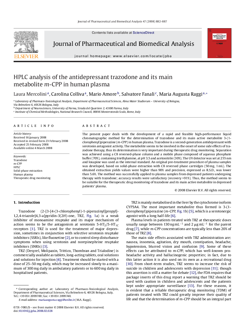 HPLC analysis of the antidepressant trazodone and its main metabolite m-CPP in human plasma