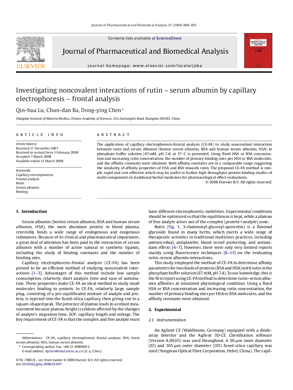 Investigating noncovalent interactions of rutin – serum albumin by capillary electrophoresis – frontal analysis