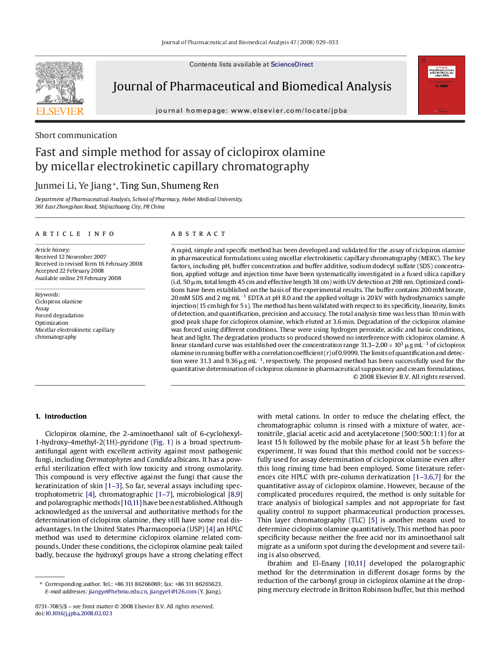 Fast and simple method for assay of ciclopirox olamine by micellar electrokinetic capillary chromatography