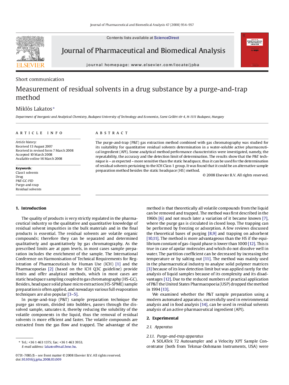 Measurement of residual solvents in a drug substance by a purge-and-trap method