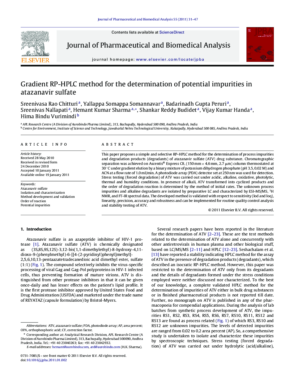 Gradient RP-HPLC method for the determination of potential impurities in atazanavir sulfate