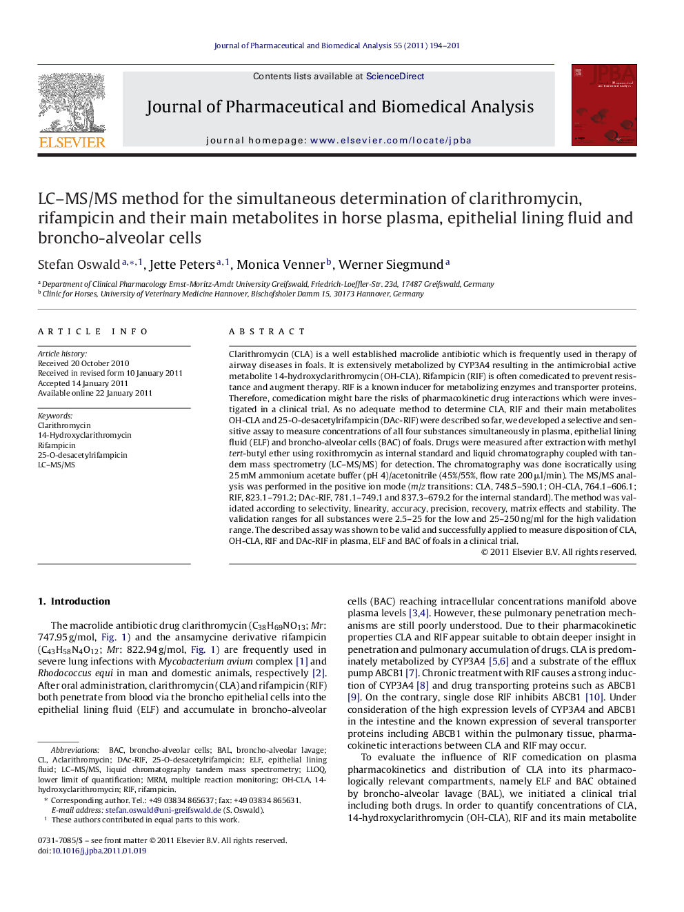 LC–MS/MS method for the simultaneous determination of clarithromycin, rifampicin and their main metabolites in horse plasma, epithelial lining fluid and broncho-alveolar cells