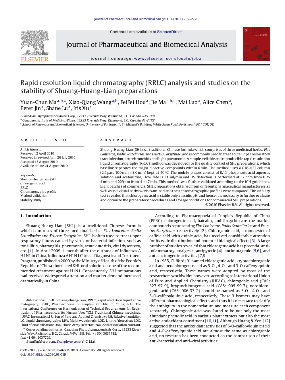 Rapid resolution liquid chromatography (RRLC) analysis and studies on the stability of Shuang-Huang-Lian preparations