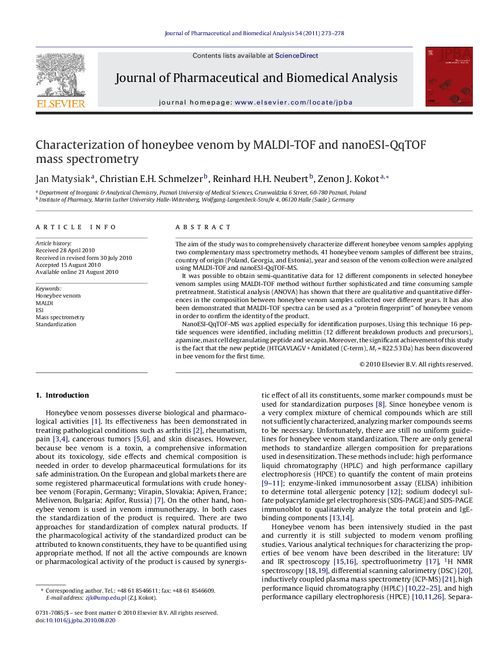 Characterization of honeybee venom by MALDI-TOF and nanoESI-QqTOF mass spectrometry