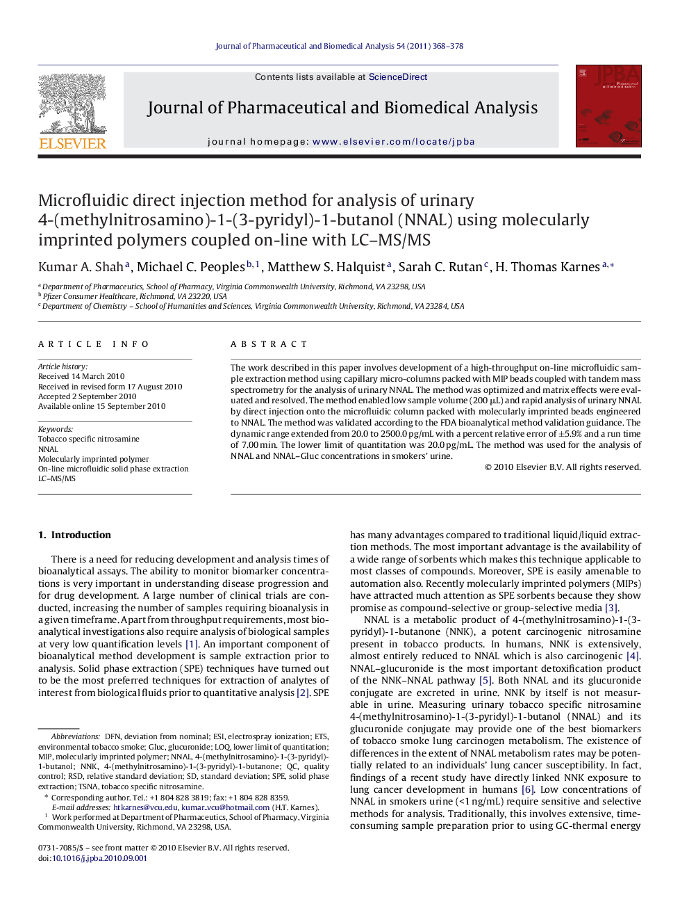 Microfluidic direct injection method for analysis of urinary 4-(methylnitrosamino)-1-(3-pyridyl)-1-butanol (NNAL) using molecularly imprinted polymers coupled on-line with LC–MS/MS