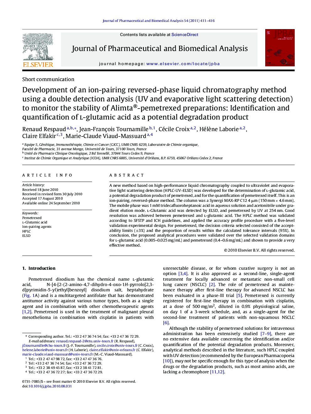 Development of an ion-pairing reversed-phase liquid chromatography method using a double detection analysis (UV and evaporative light scattering detection) to monitor the stability of Alimta®-pemetrexed preparations: Identification and quantification of l