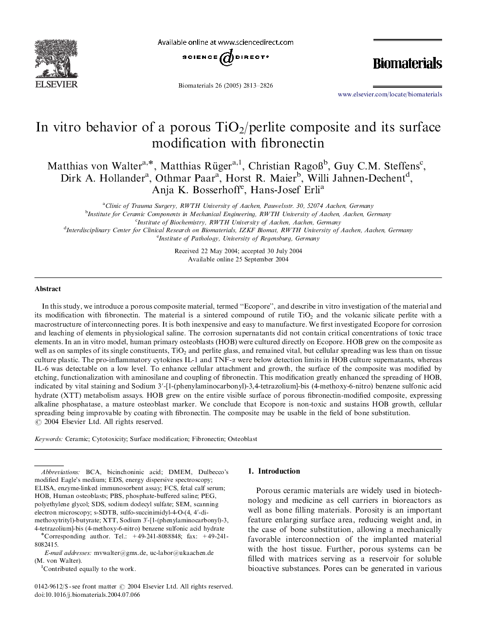 In vitro behavior of a porous TiO2/perlite composite and its surface modification with fibronectin
