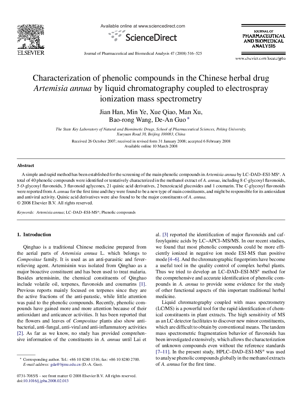 Characterization of phenolic compounds in the Chinese herbal drug Artemisia annua by liquid chromatography coupled to electrospray ionization mass spectrometry