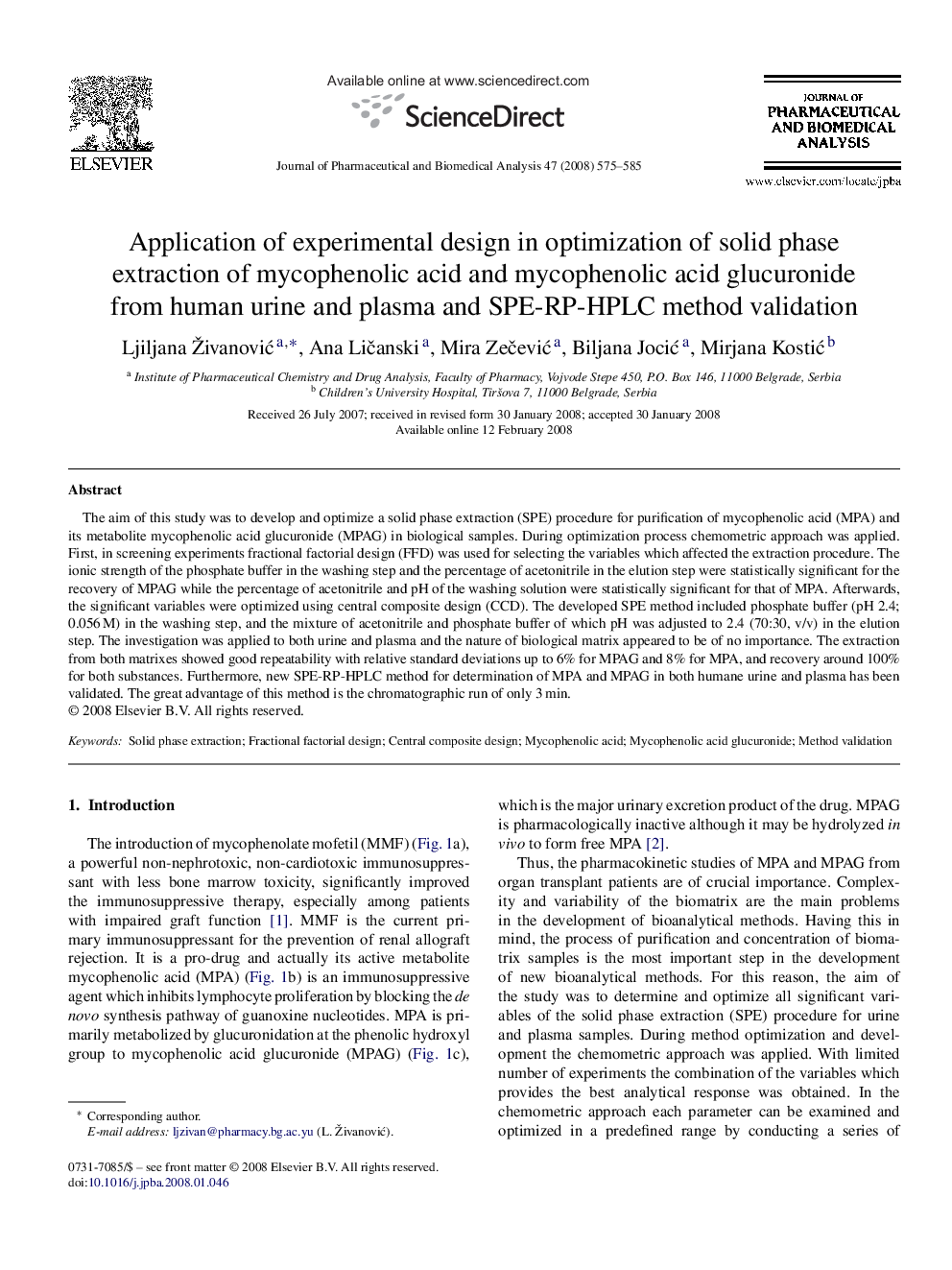 Application of experimental design in optimization of solid phase extraction of mycophenolic acid and mycophenolic acid glucuronide from human urine and plasma and SPE-RP-HPLC method validation