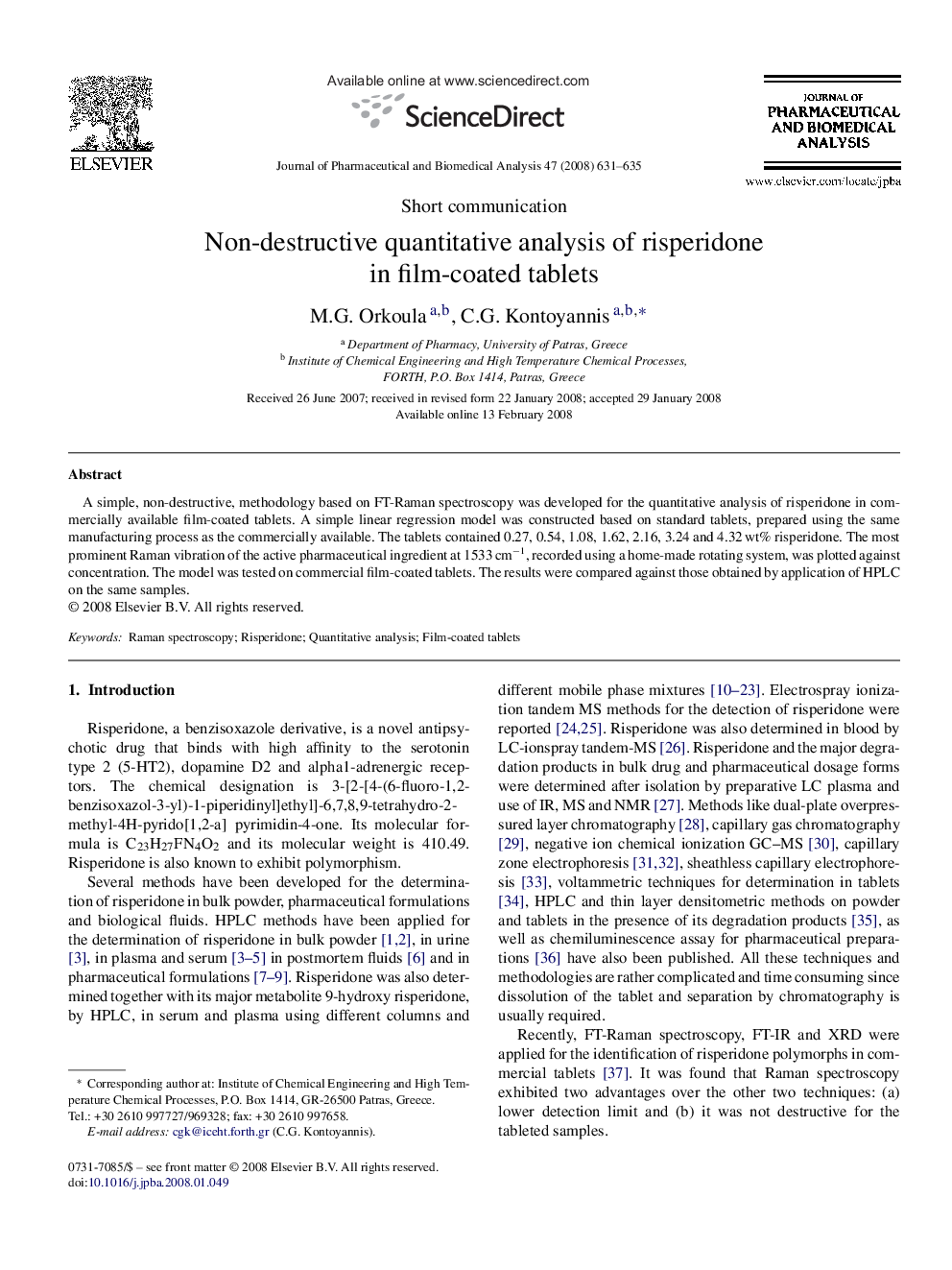 Non-destructive quantitative analysis of risperidone in film-coated tablets