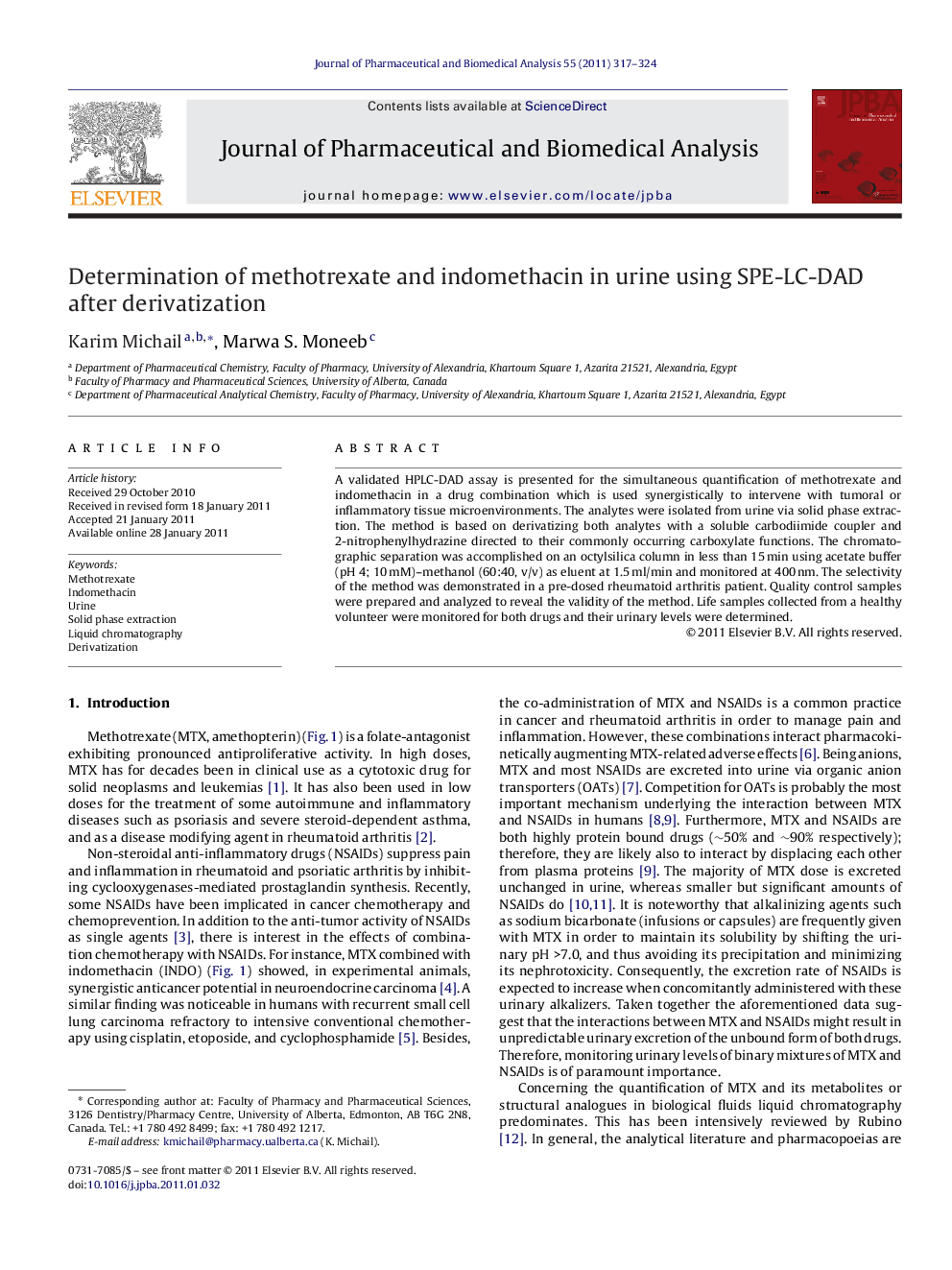 Determination of methotrexate and indomethacin in urine using SPE-LC-DAD after derivatization