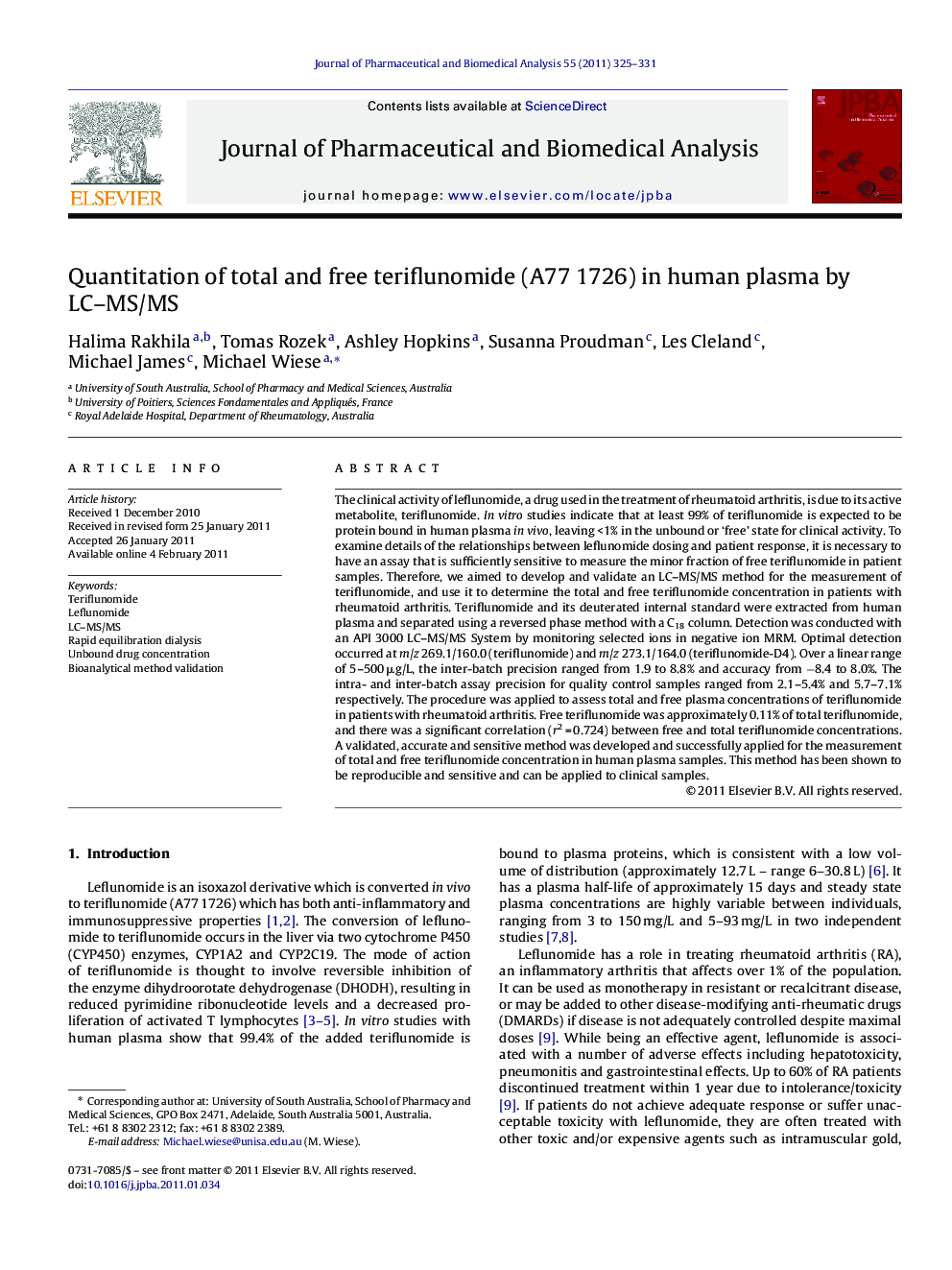 Quantitation of total and free teriflunomide (A77 1726) in human plasma by LC–MS/MS