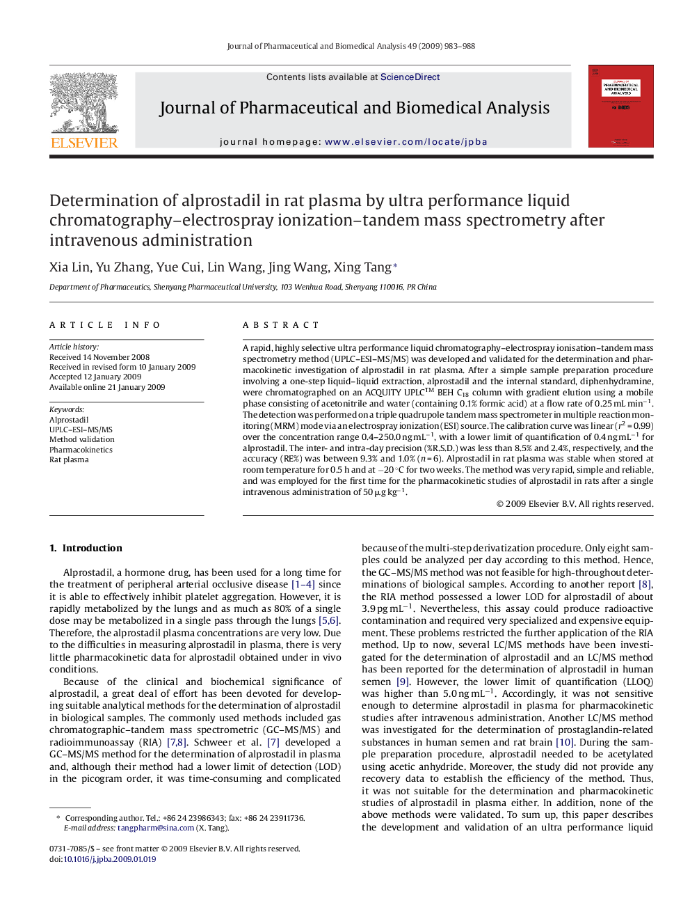 Determination of alprostadil in rat plasma by ultra performance liquid chromatography-electrospray ionization-tandem mass spectrometry after intravenous administration