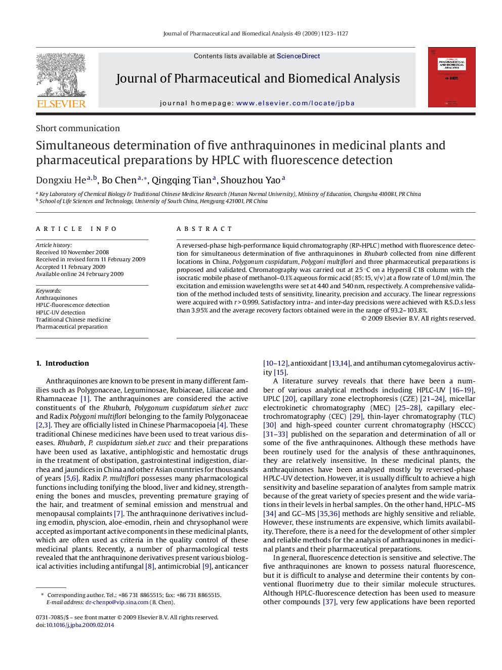 Simultaneous determination of five anthraquinones in medicinal plants and pharmaceutical preparations by HPLC with fluorescence detection