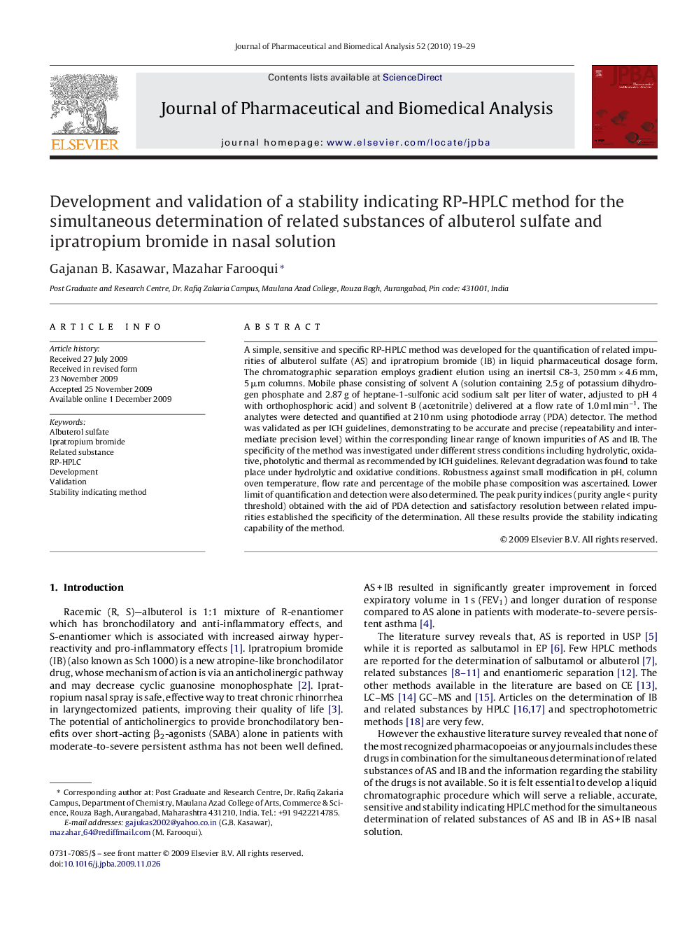 Development and validation of a stability indicating RP-HPLC method for the simultaneous determination of related substances of albuterol sulfate and ipratropium bromide in nasal solution