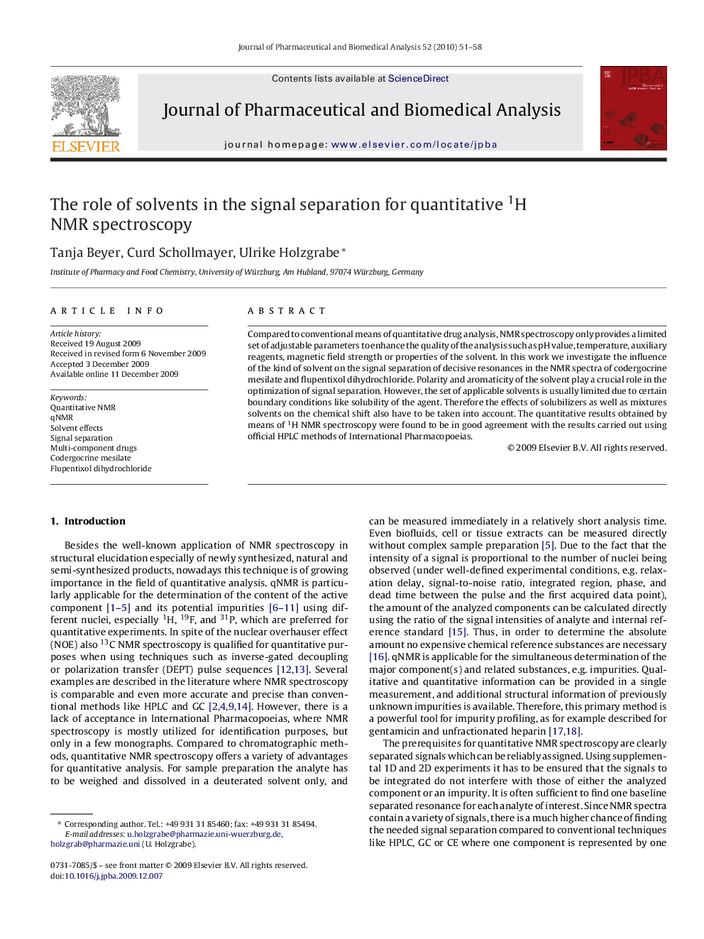 The role of solvents in the signal separation for quantitative 1H NMR spectroscopy