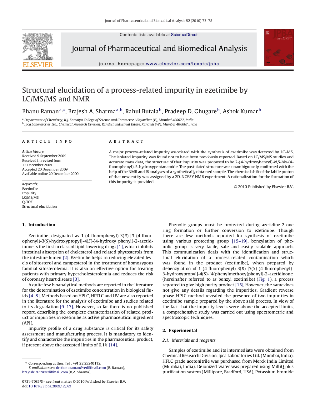 Structural elucidation of a process-related impurity in ezetimibe by LC/MS/MS and NMR