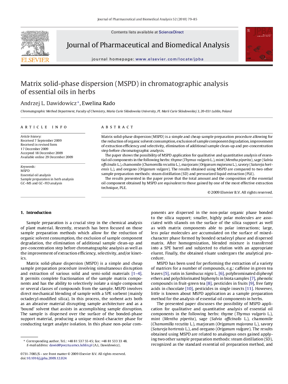 Matrix solid-phase dispersion (MSPD) in chromatographic analysis of essential oils in herbs