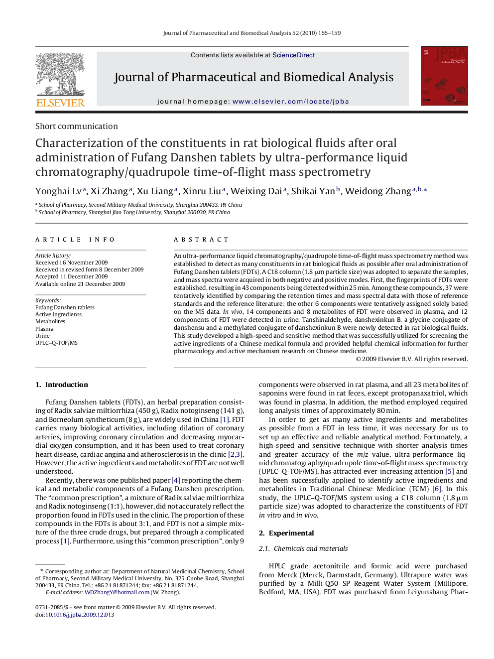 Characterization of the constituents in rat biological fluids after oral administration of Fufang Danshen tablets by ultra-performance liquid chromatography/quadrupole time-of-flight mass spectrometry