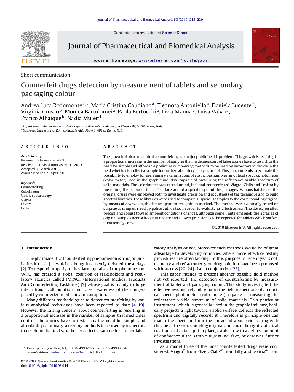 Counterfeit drugs detection by measurement of tablets and secondary packaging colour