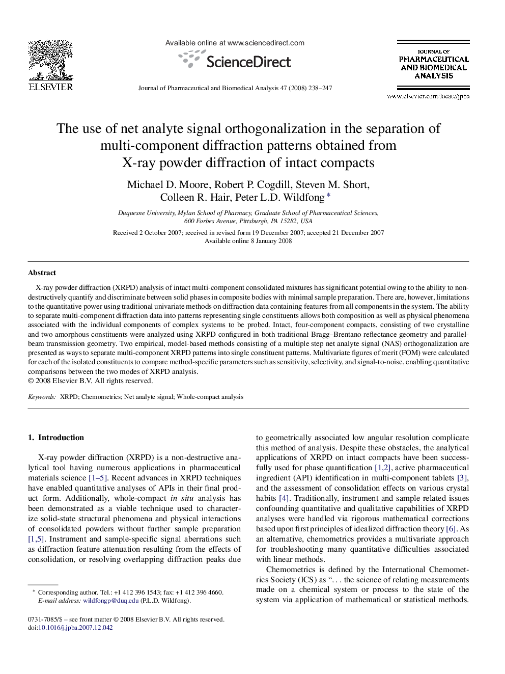 The use of net analyte signal orthogonalization in the separation of multi-component diffraction patterns obtained from X-ray powder diffraction of intact compacts